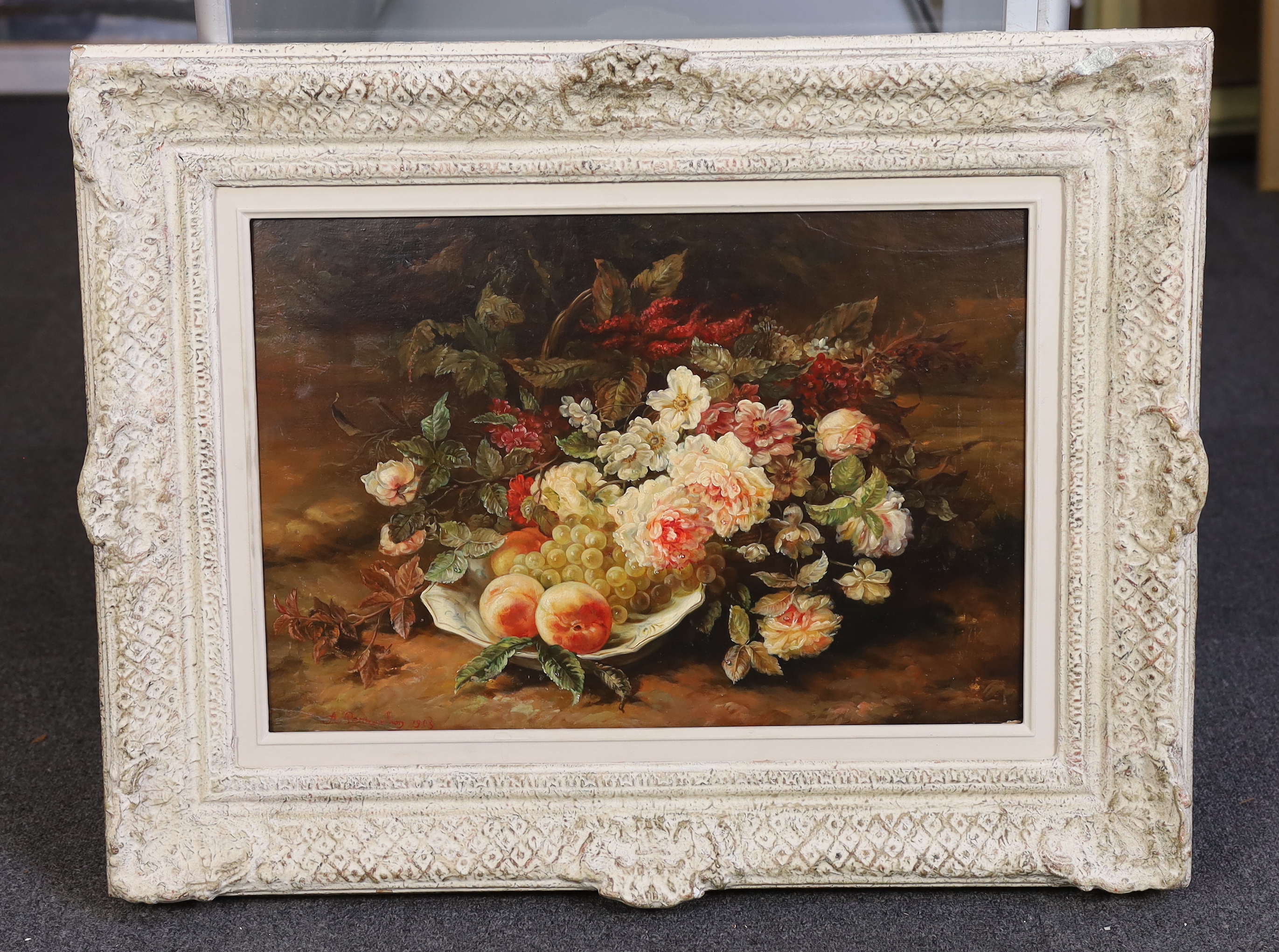 André Benoît Perrachon (French, 1828-1908), Still life of flowers and fruit on a table top, oil on wooden panel, 37 x 54cm